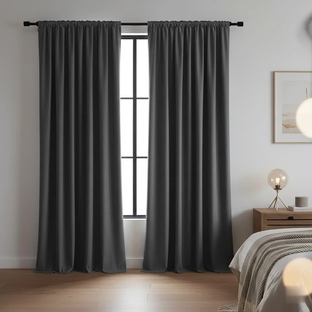 Bedroom with dark blackout curtains and soft lighting