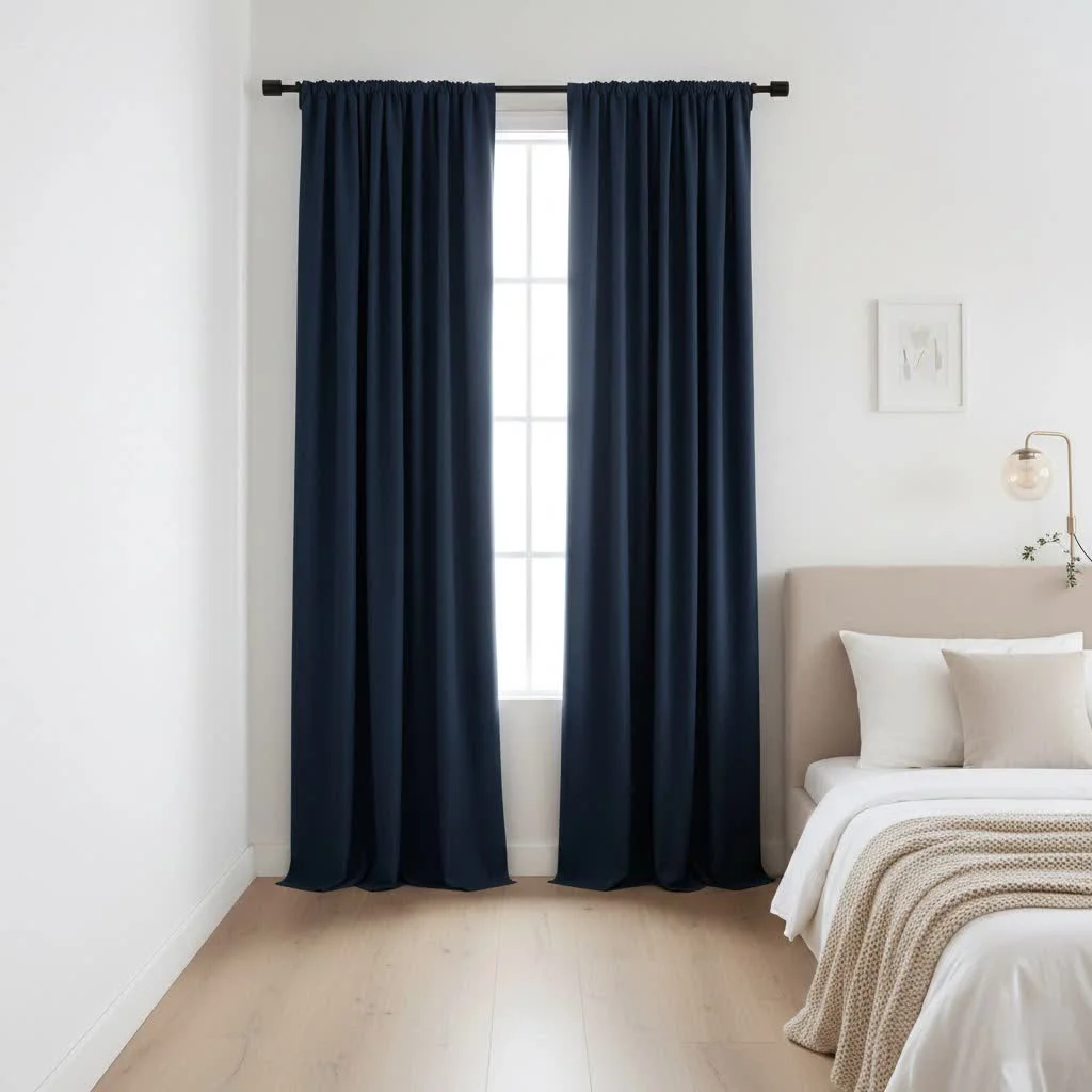 Child's room with dark blue blackout curtains