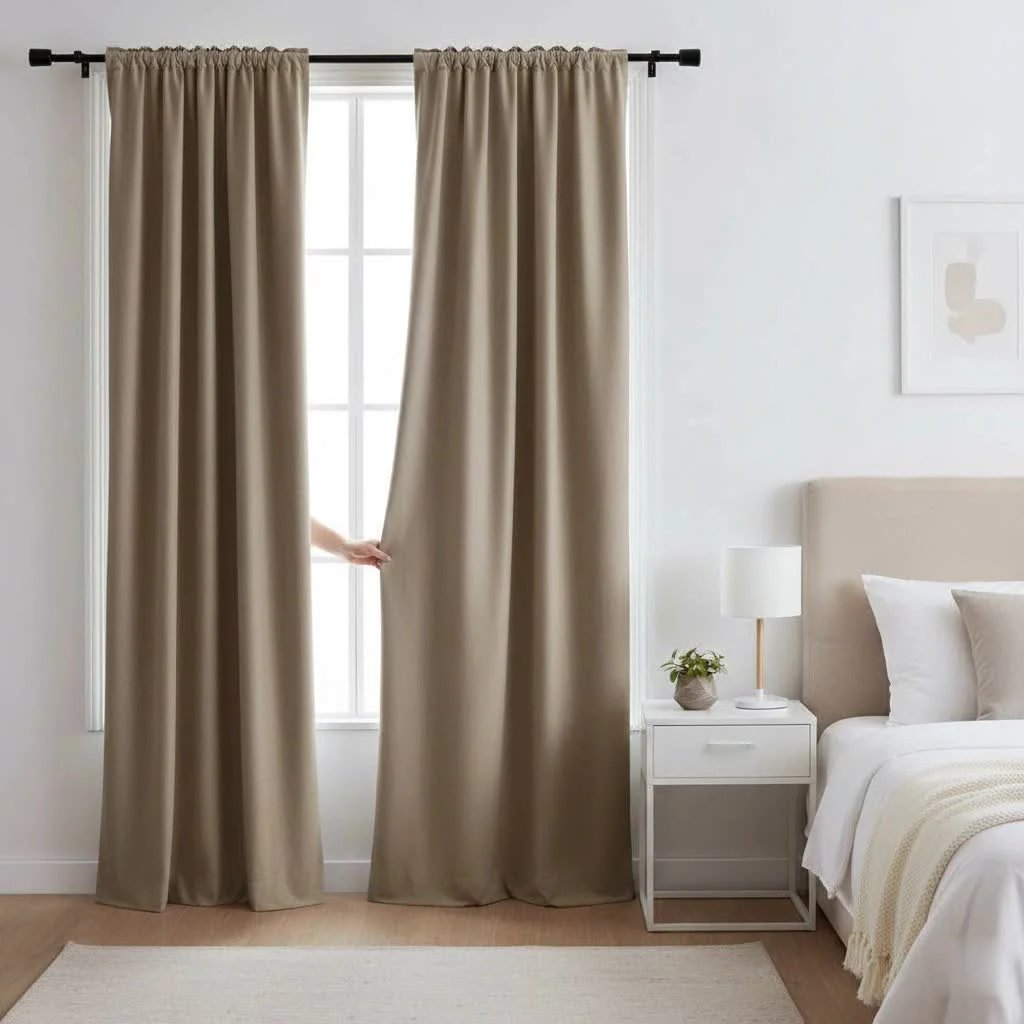Purple blackout curtains in a serene bedroom