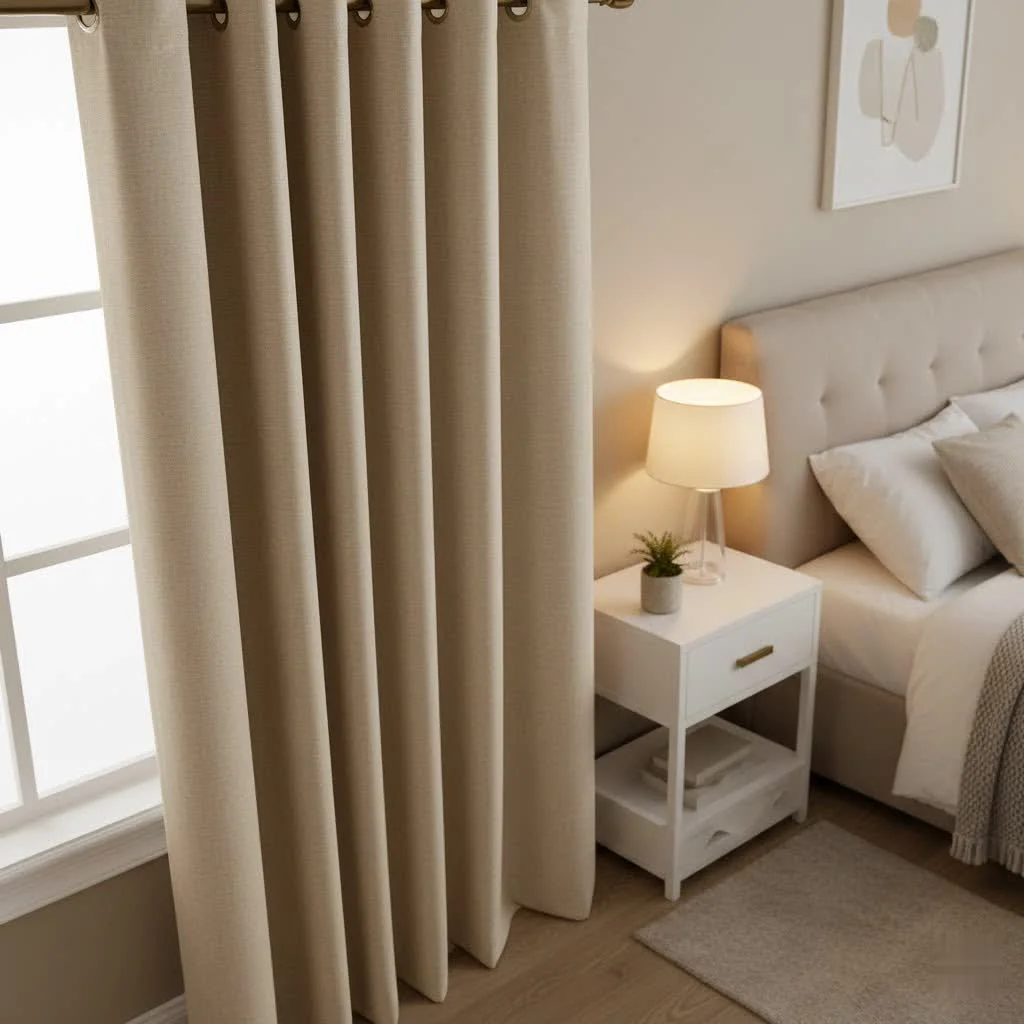 Black blackout curtains in a modern bedroom