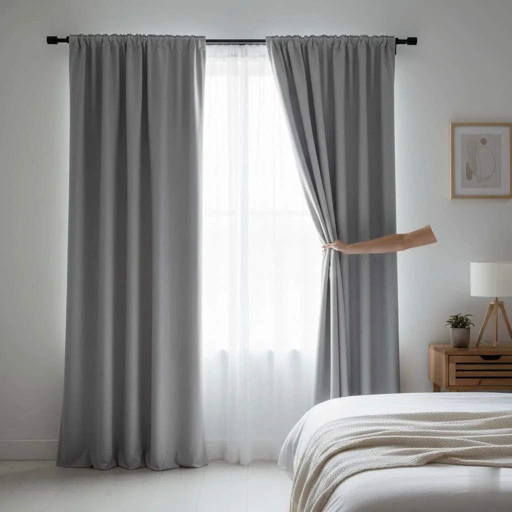 Sage green blackout curtains in a modern bedroom